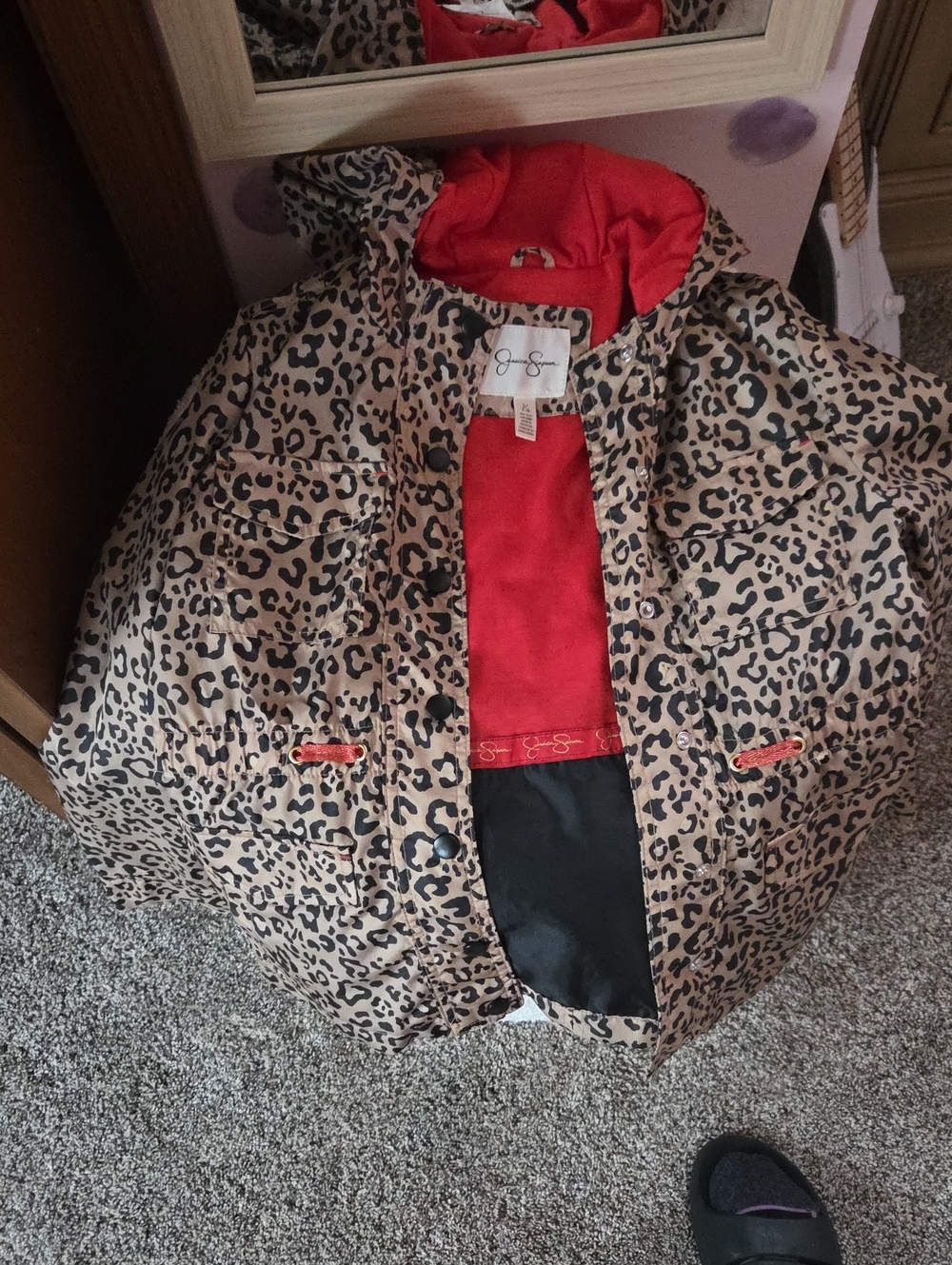 Jessica Simpson Girls' Leopard Print Rain Jacket with Red Lining